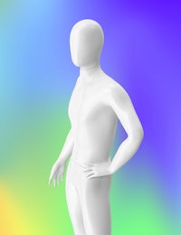 a white mannequin standing on a colorful background