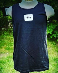 a black tank top with a white logo on it
