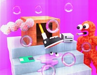 a cartoon character is standing on top of a pile of bubbles