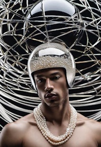 a man wearing a silver helmet and pearls