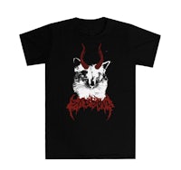 a black t - shirt with an image of a cat with horns