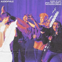 a poster with a group of people in front of a purple background