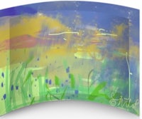 a curved glass plate with an abstract painting on it