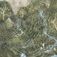 an illustration of a waterfall in a forest